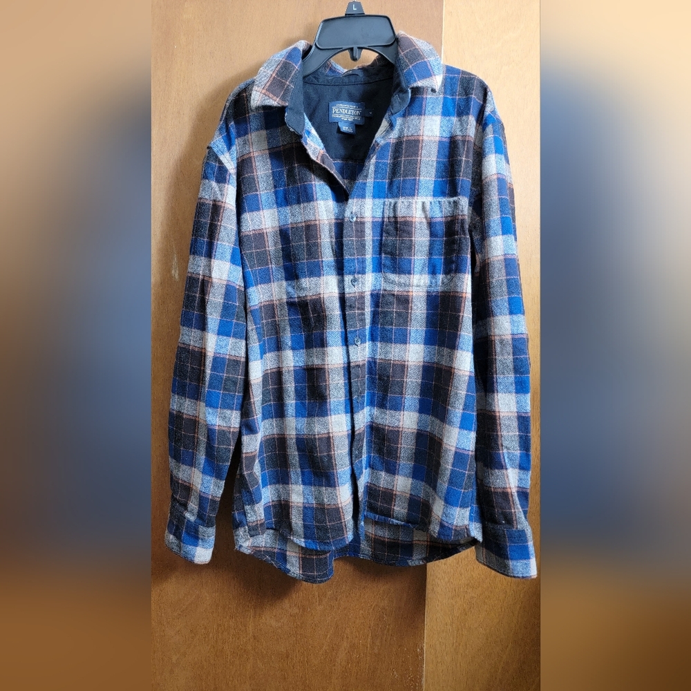 PENDELTON mens long sleeve button down plaid shirt flannel blue size medium - Picture 3 of 10